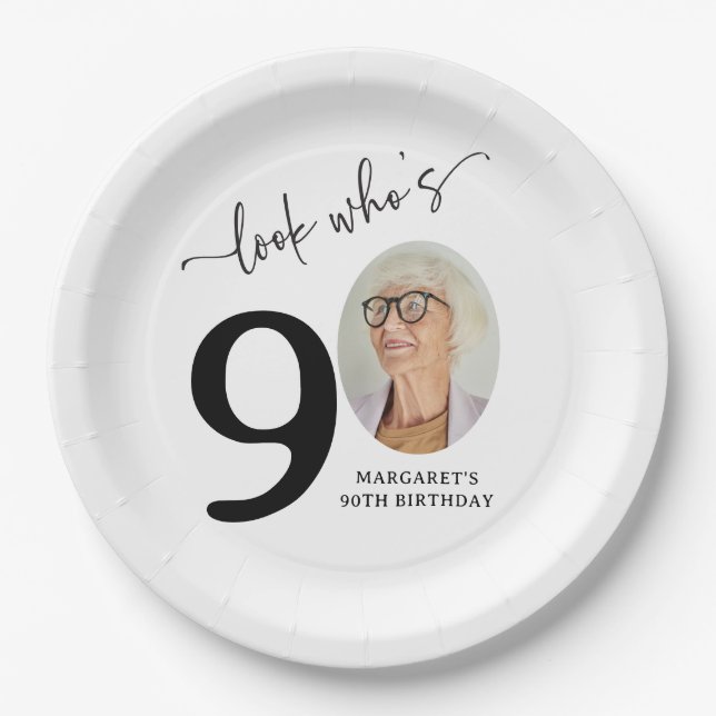 Look Who's 90! Modern Photo 90th Birthday Paper Plate (Front)