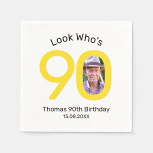 Look Who's 90 Photo Yellow and White Birthday Napkin