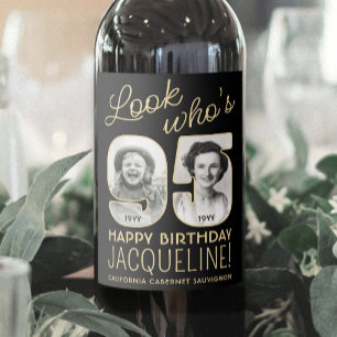 Look Who's 95 Black & Gold Birthday Party 2 Photo Wine Label
