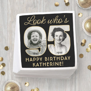 Look Who's 95 Black & Gold Happy Birthday 2 Photo Napkin