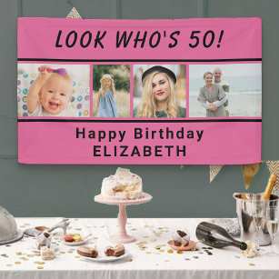 Look Who's Any Age 4 Photo Pink Birthday Banner