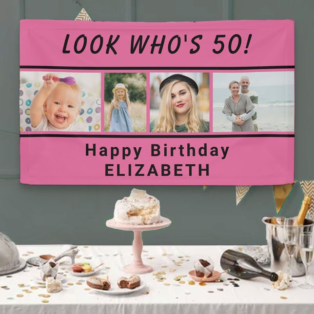 Look Who's Any Age 4 Photo Pink Birthday Banner (Creator Uploaded)