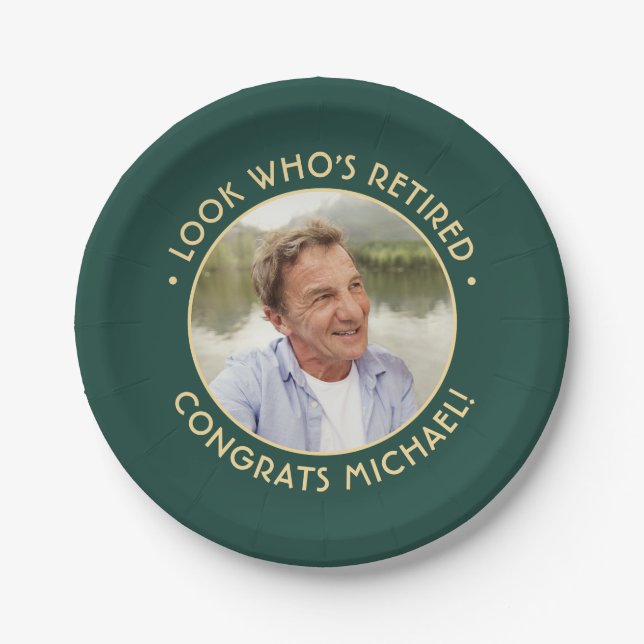 Look Who's Retired Green Retirement Party Photo Paper Plate (Front)