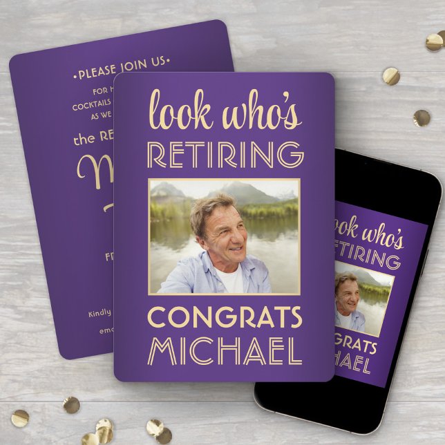 Look Who's Retiring Purple Retirement Party Photo Invitation (Creator Uploaded)