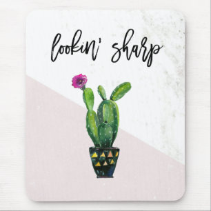 Lookin' Sharp   Blush Pink Marble and Cactus Mouse Mat