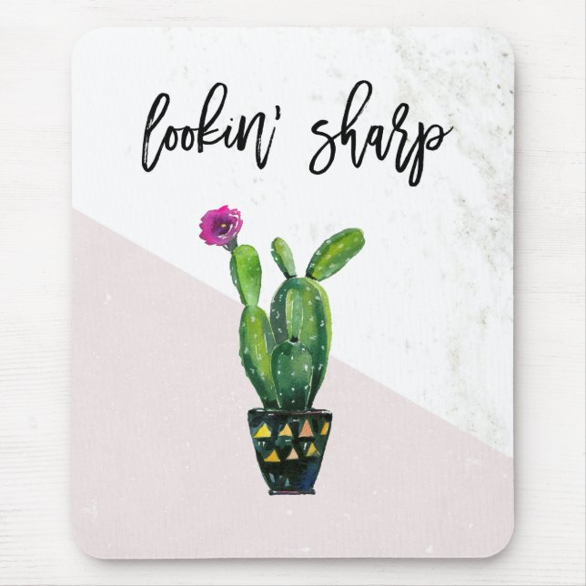 Lookin' Sharp | Blush Pink Marble and Cactus Mouse Mat (Front)