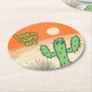 Lookin Sharp Bro Retro Vintage Desert Vibes Cactus Round Paper Coaster