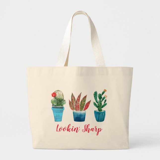 Lookin' Sharp Fashionable Cactus Plants | Floral Large Tote Bag (Front)