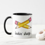 Lookin' Sharp Yellow #2 Pencil School Writing Mug<br><div class="desc">Features an original marker illustration of a sharp yellow #2 school pencil with a pink eraser, and LOOKIN' SHARP in a fun font. This pencil illustration is also available on other products. Don't see what you're looking for? Need help with customisation? Contact Rebecca to have something designed just for you....</div>