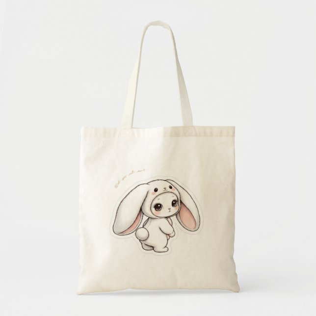 Looking Back Bunny - Adorable Fluffy Rabbit Kawaii Tote Bag (Front)