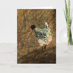 "Looking" - Digitally Transformed Chicken on Hay   Card