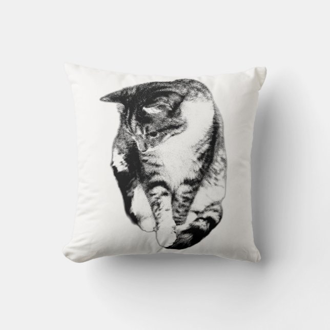 Looking Down Tabby Cat Monochrome Pillow (Front)