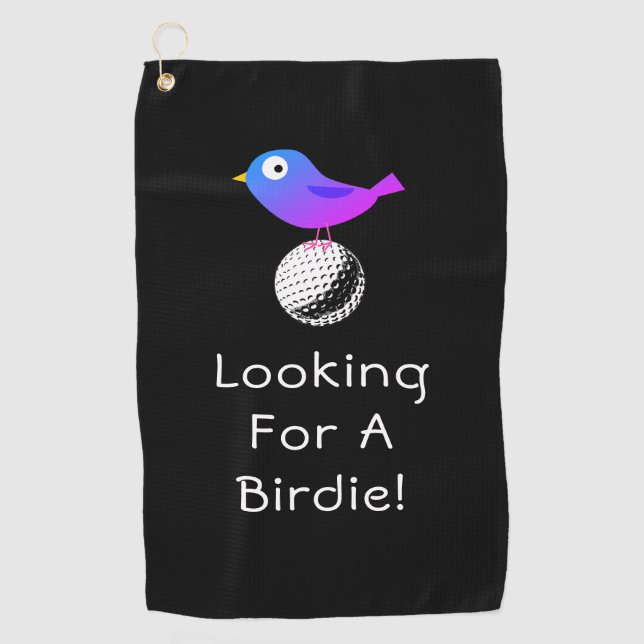 Looking For A Birdie, Personalise, Bird & Ball Art Golf Towel (Front)