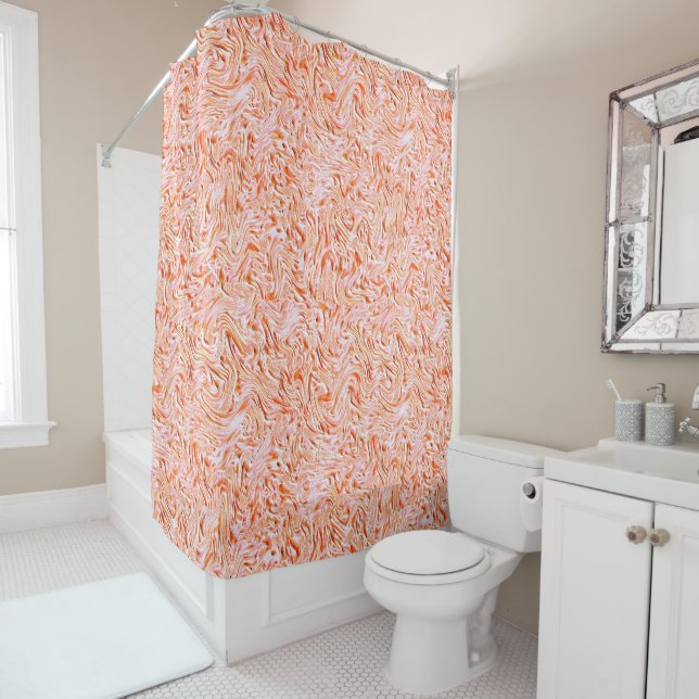 Looking like textured of wall, salmon colour shower curtain (In Situ)