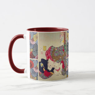 LOOKING TIRESOME ,JAPANESE WOMAN WITH WHITE CAT MUG