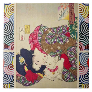 LOOKING TIRESOME ,JAPANESE WOMAN WITH WHITE CAT TILE