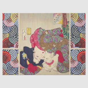 LOOKING TIRESOME ,JAPANESE WOMAN WITH WHITE CAT TISSUE PAPER