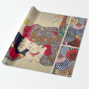 LOOKING TIRESOME ,JAPANESE WOMAN WITH WHITE CAT WRAPPING PAPER