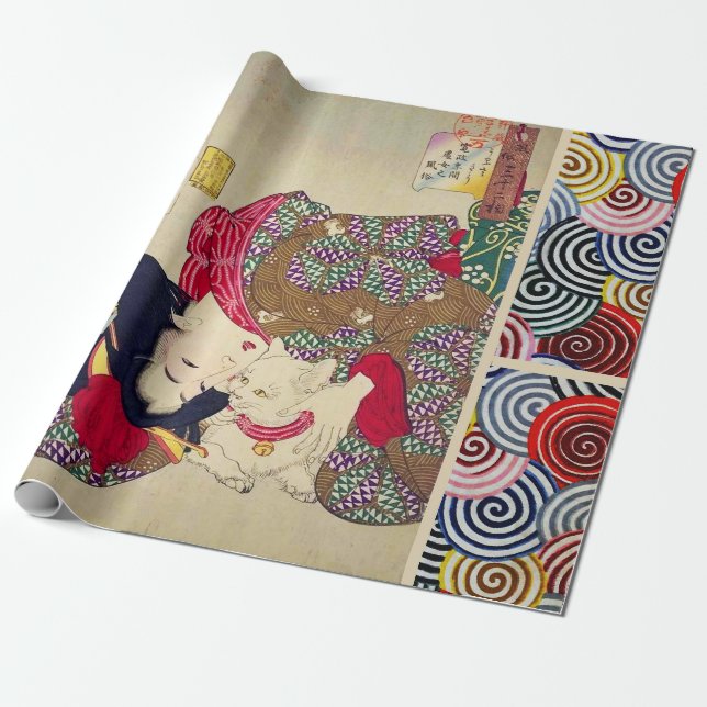 LOOKING TIRESOME ,JAPANESE WOMAN WITH WHITE CAT WRAPPING PAPER (Unrolled)