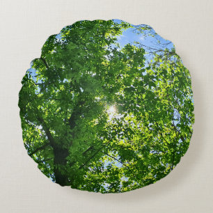 Looking Up at Green Leaves and Blue Sky - Romania Round Cushion
