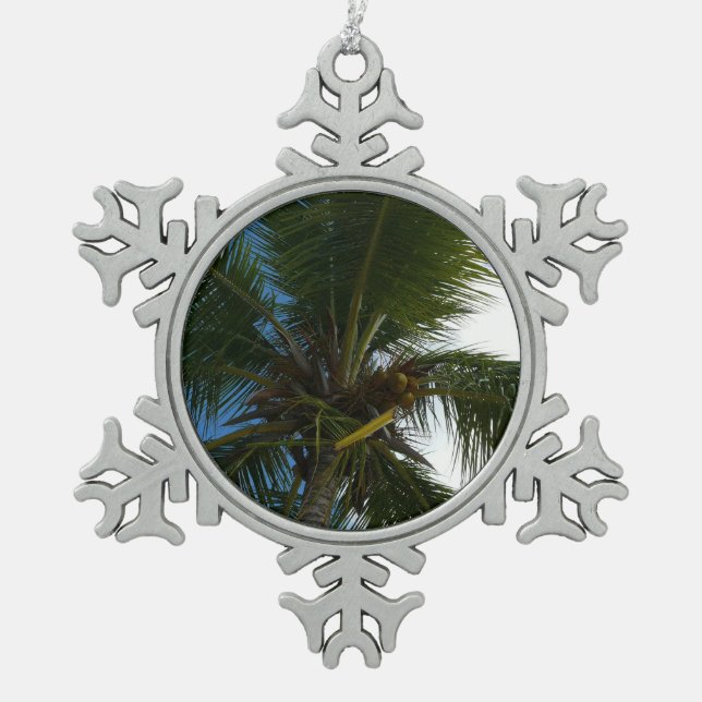 Looking Up to Coconut Palm Tree Tropical Nature Snowflake Pewter Christmas Ornament (Front)