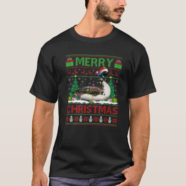 Loon Bird Lover Xmas Lighting Santa Ugly Loon Chri T-Shirt (Front)