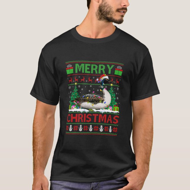 Loon Bird Lover Xmas Lighting Santa Ugly Loon T-Shirt (Front)