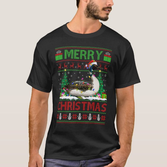 Loon Bird  Xmas Tree Lights Ugly Santa Loon Christ T-Shirt (Front)