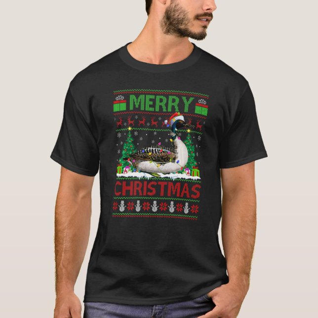 Loon Bird  Xmas Tree Lights Ugly Santa Loon Christ T-Shirt (Front)