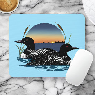Loon Couple Sunset Blue Lake Wildlife Mouse Mat