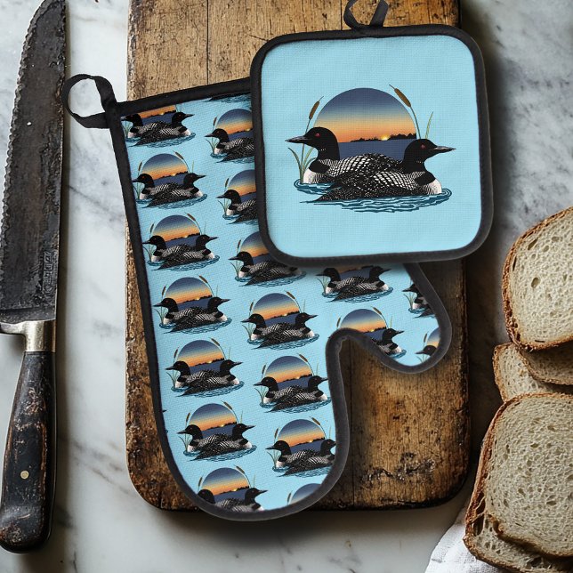 Loon Couple Sunset Blue Oven Mitt & Pot Holder Set (Creator Uploaded)