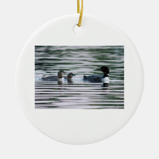 Loon mum with chicks ceramic tree decoration