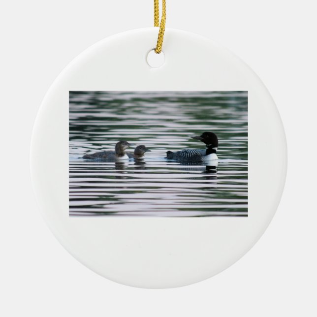 Loon mum with chicks ceramic tree decoration (Front)