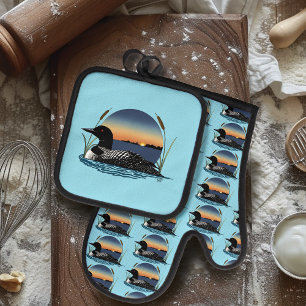 Loon Sunset Blue Oven Mitt & Pot Holder Set
