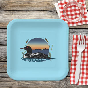 Loon Sunset Blue Paper Plate