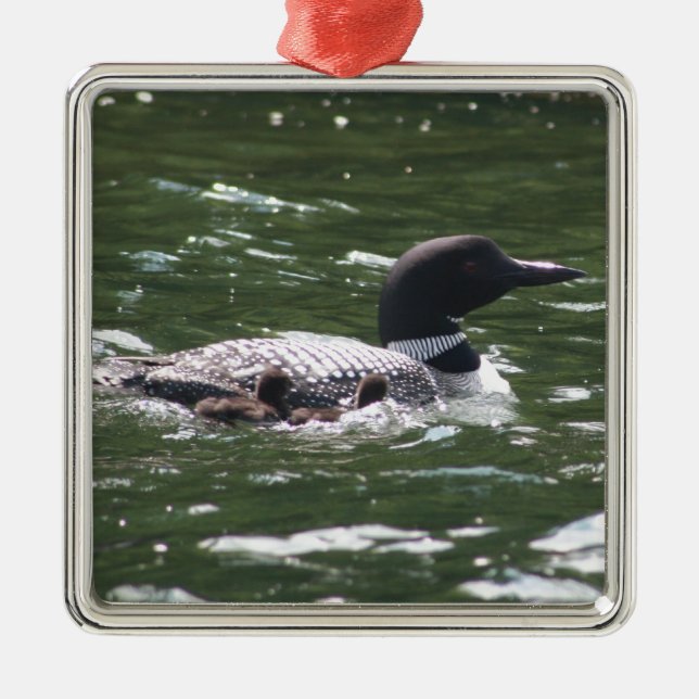 Loon With Babies 2 Metal Tree Decoration (Front)