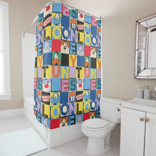 LOONEY TUNES™ Character Chequered Blocks Shower Curtain (In Situ)