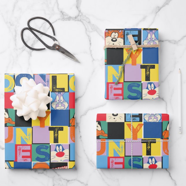LOONEY TUNES™ Character Chequered Blocks Wrapping Paper Sheet (Front)