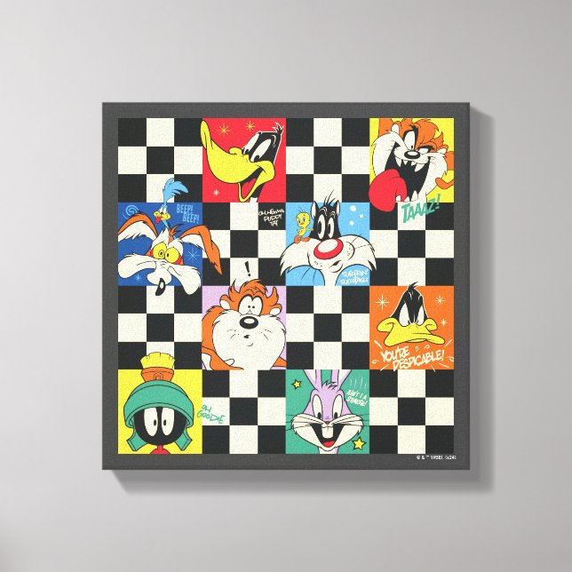 LOONEY TUNES™ Characters on Black & White Chequere Canvas Print (Front)
