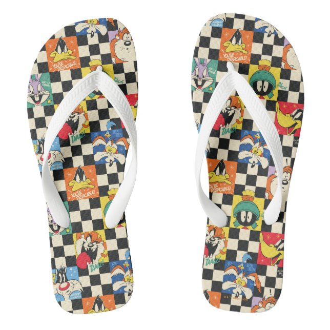 LOONEY TUNES™ Characters on Black & White Chequere Flip Flops (Footbed)