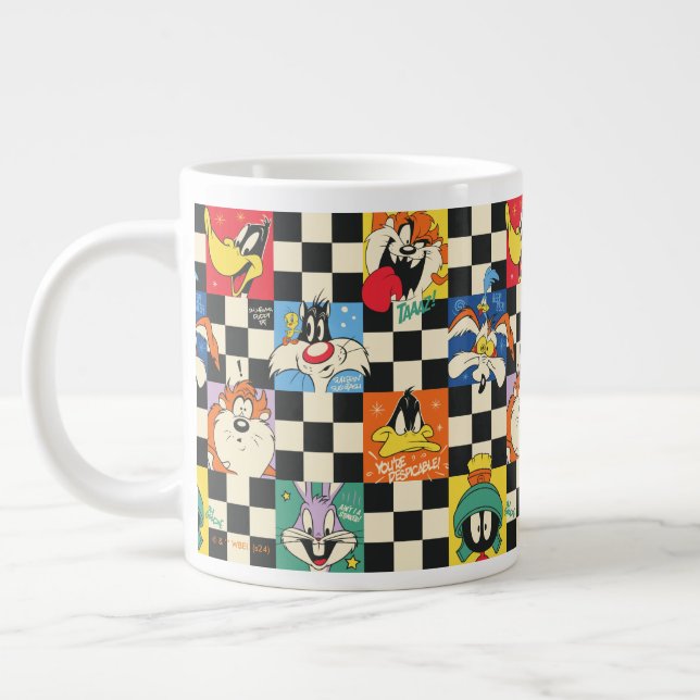 LOONEY TUNES™ Characters on Black & White Chequere Large Coffee Mug (Left)