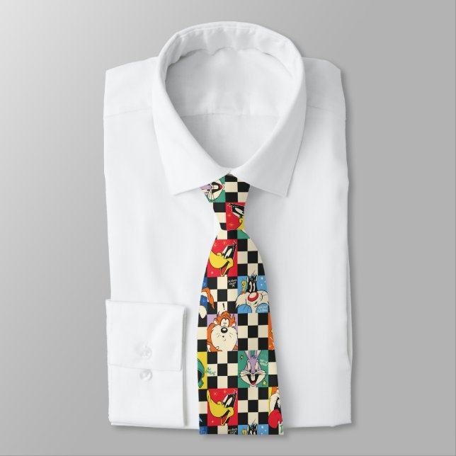 LOONEY TUNES™ Characters on Black & White Chequere Tie (Tied)