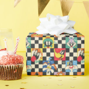 LOONEY TUNES™ Characters on Black & White Chequere Wrapping Paper
