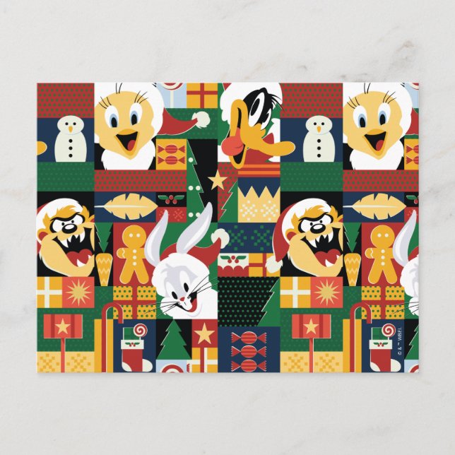 LOONEY TUNES™Holiday Block Pattern Holiday Postcard (Front)
