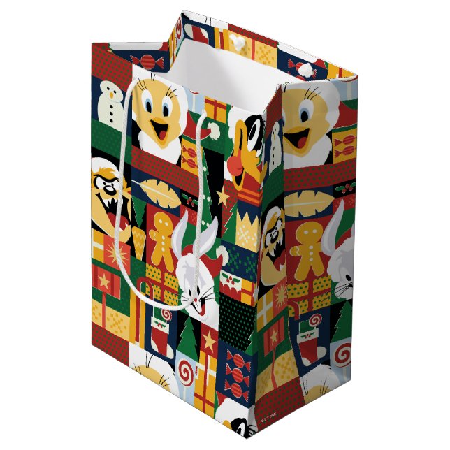 LOONEY TUNES™Holiday Block Pattern Medium Gift Bag (Front Angled)