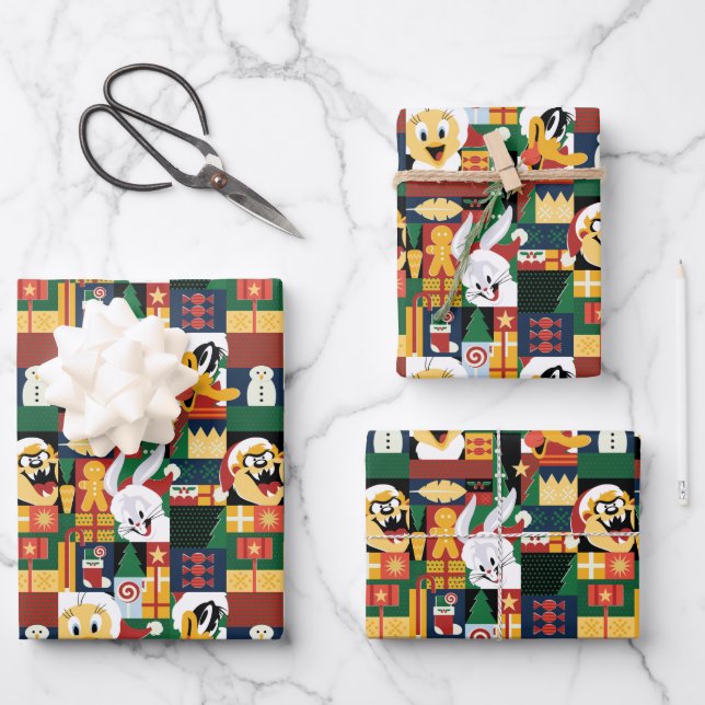 LOONEY TUNES™Holiday Block Pattern Wrapping Paper Sheet (Front)