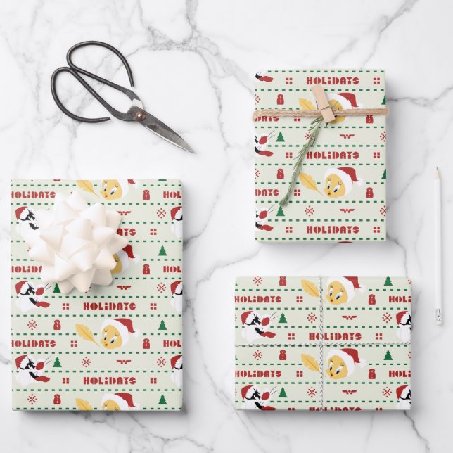 LOONEY TUNES™ SYLVESTER™ & TWEETY™ Holiday Pattern Wrapping Paper Sheet (Front)