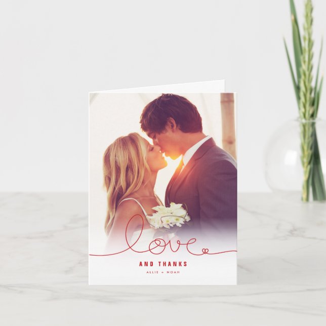 Loopy Love Red Heart Wedding Photo Thank You Card (Front)