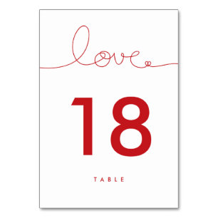 Loopy Love Red Heart Wedding Table Number Card