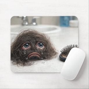 Loose Hair With Sad Face and Hairbrush Mouse Mat